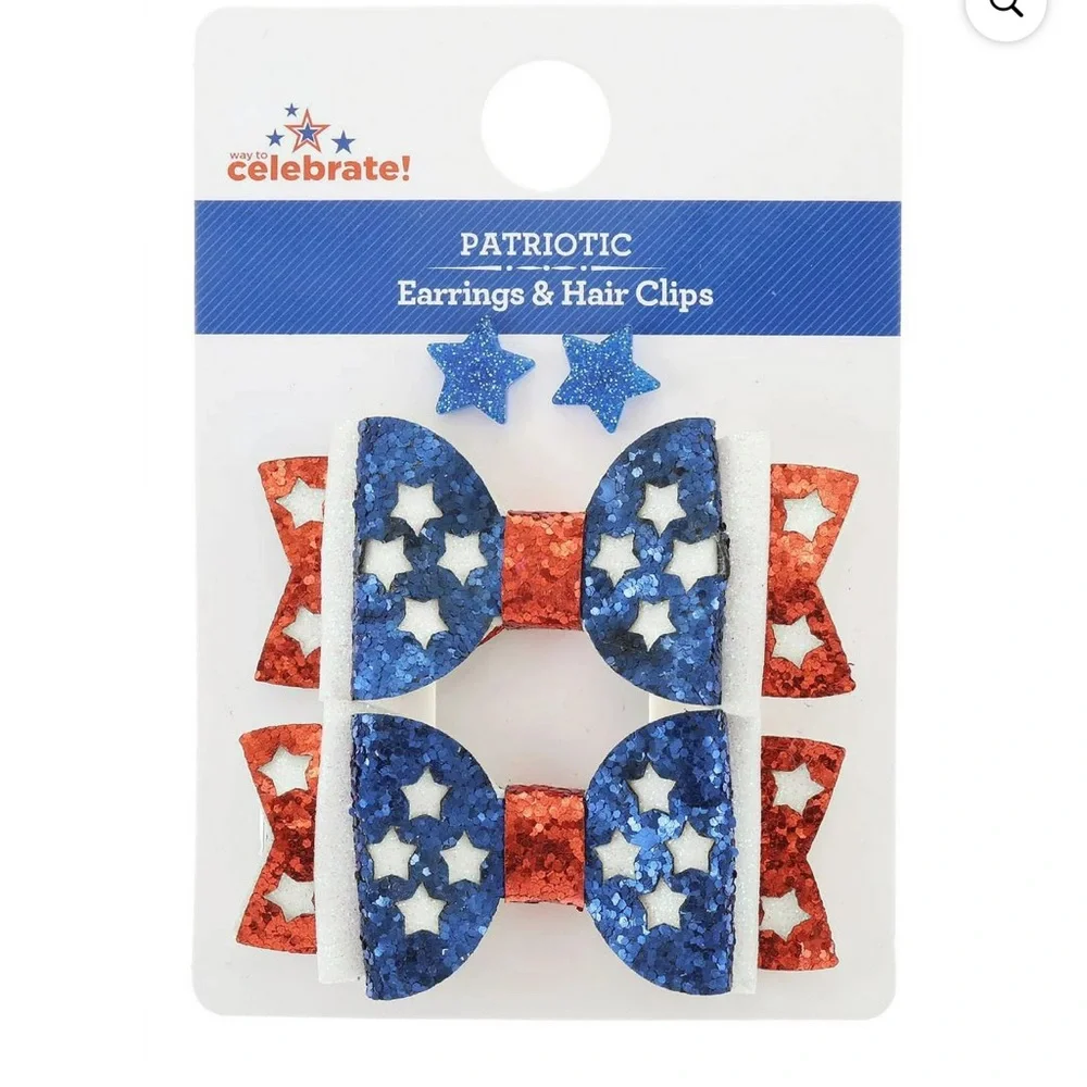 Patriotic Hair Bow & Star Earrings Set | Red White Blue Glitter